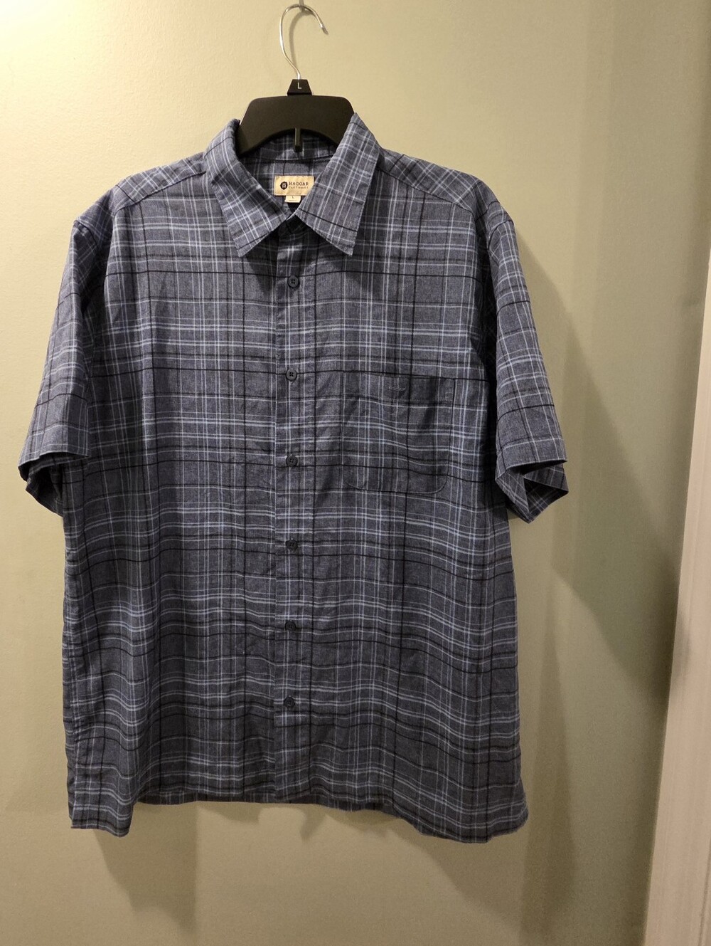 Haggar Men's Blue Gray Plaid Short-Sleeve Button-Up Shirt Size L Casual